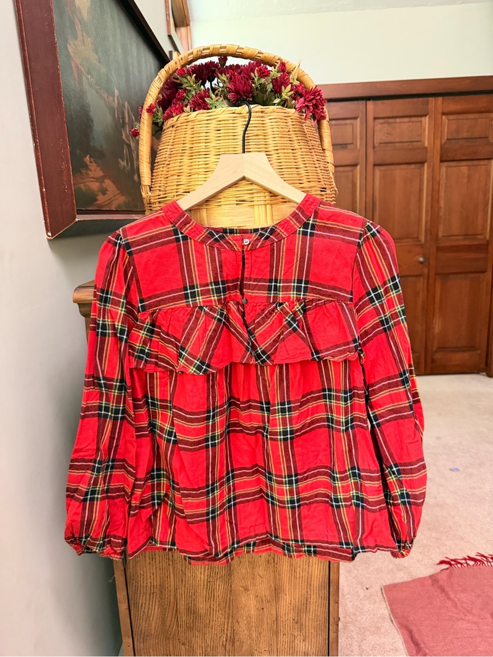 J. Crew Red Plaid Ruffle Yoke Long-Sleeve Top